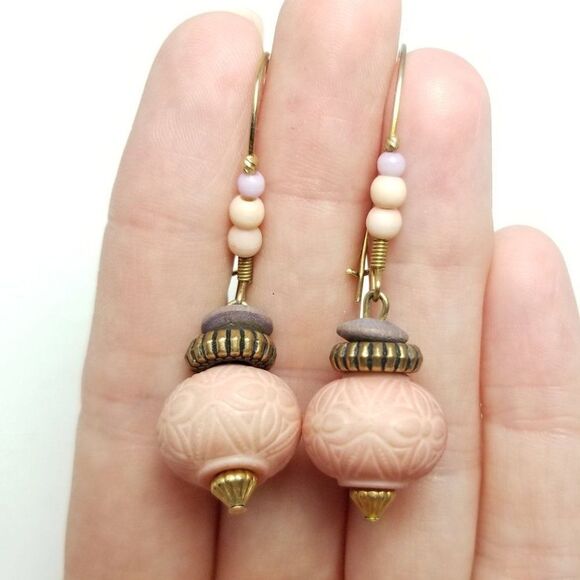 Vintage Light Pink Beaded Dangle Earrings, Boho Pastel Style Design, Estate - Picture 1 of 5